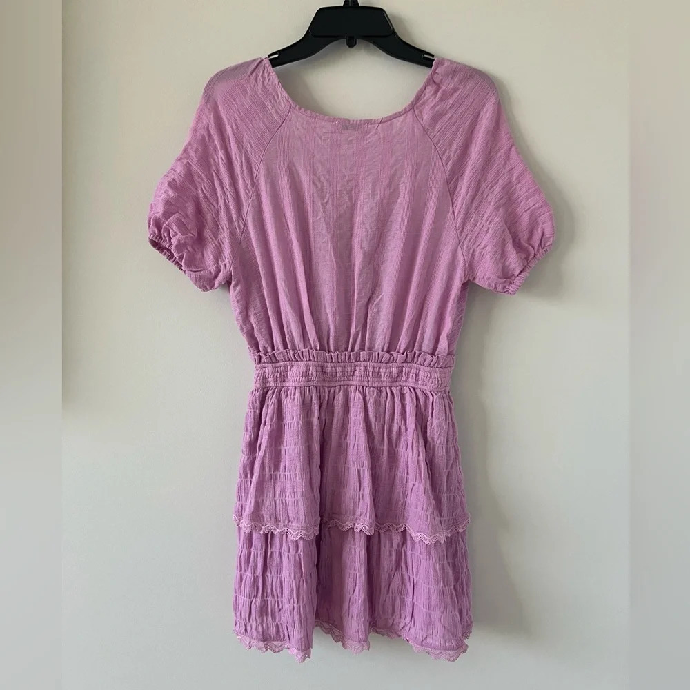 Women’s Resortwear Pink Cotton Puff Sleeve Wrap Tiered Pink Purple Mini Dress - Picture 6 of 12